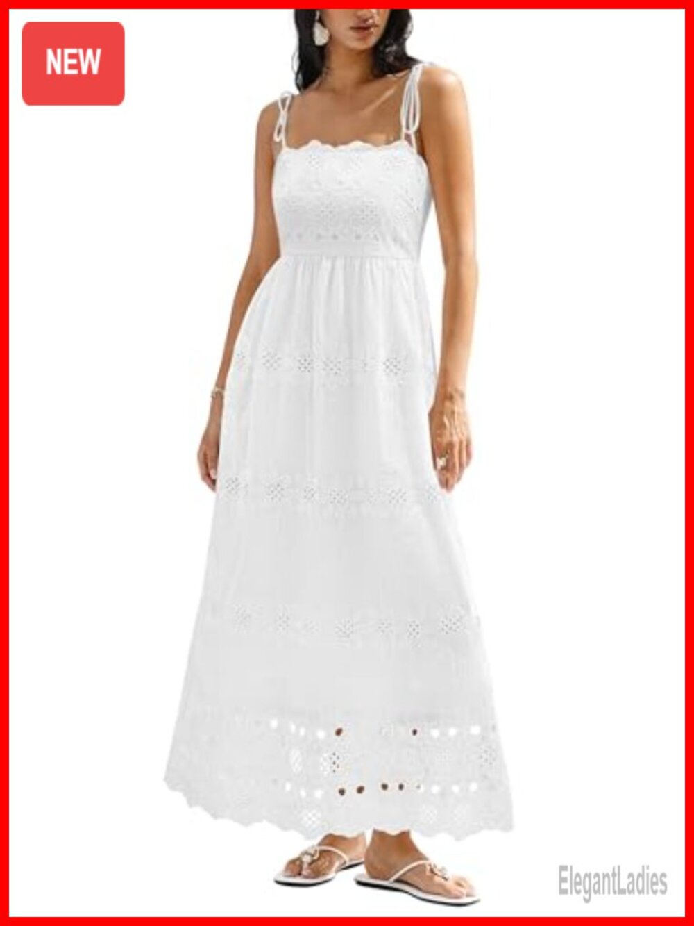 Spaghetti Strap Eyelet Cotton Smocked Backless Maxi Dress